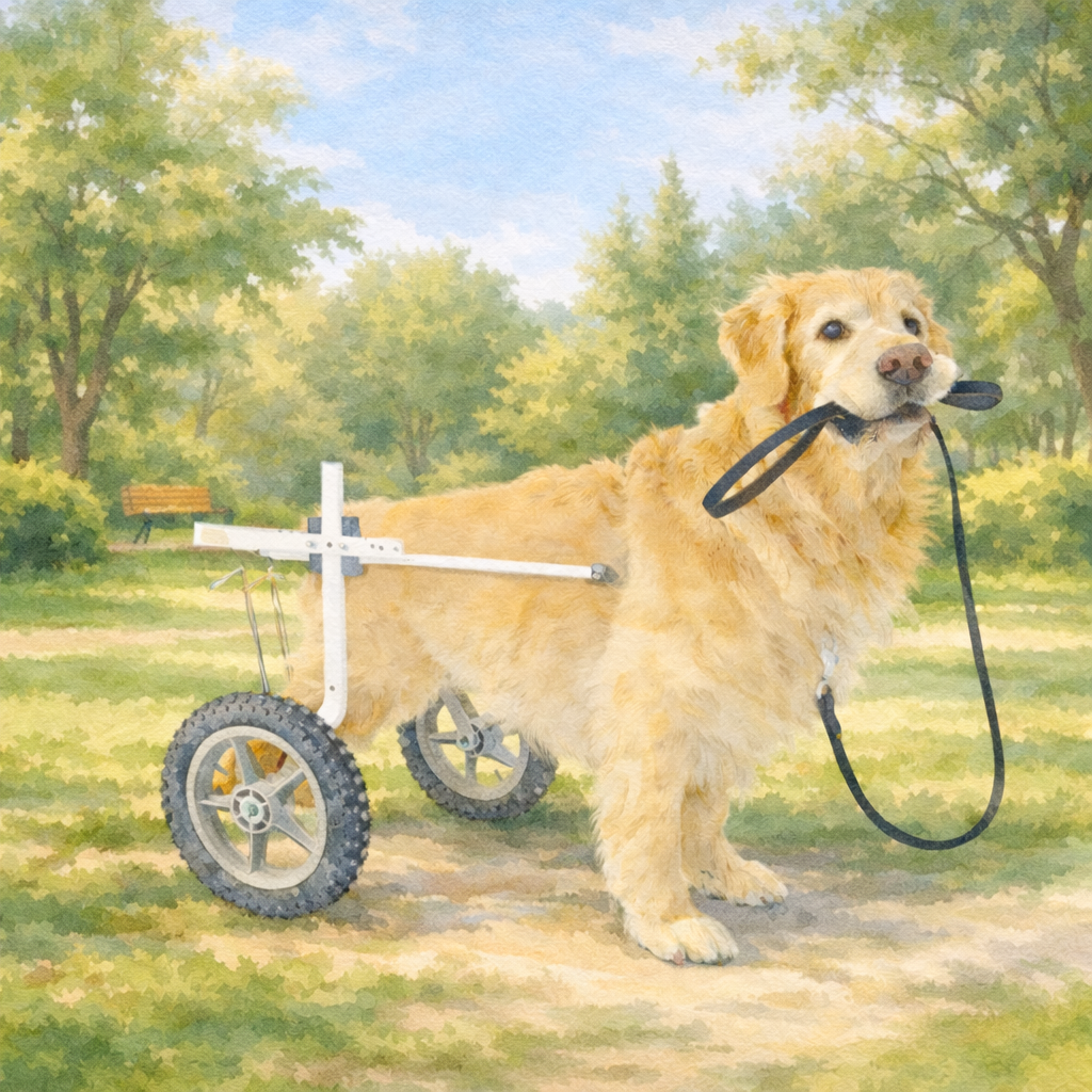 森の小道を歩く犬と車椅子